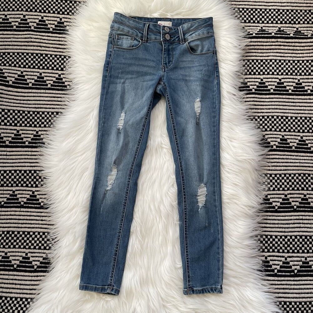 So Distressed Skinny Jeans Girls Size 8 Stretch Denim High Rise Med Wash